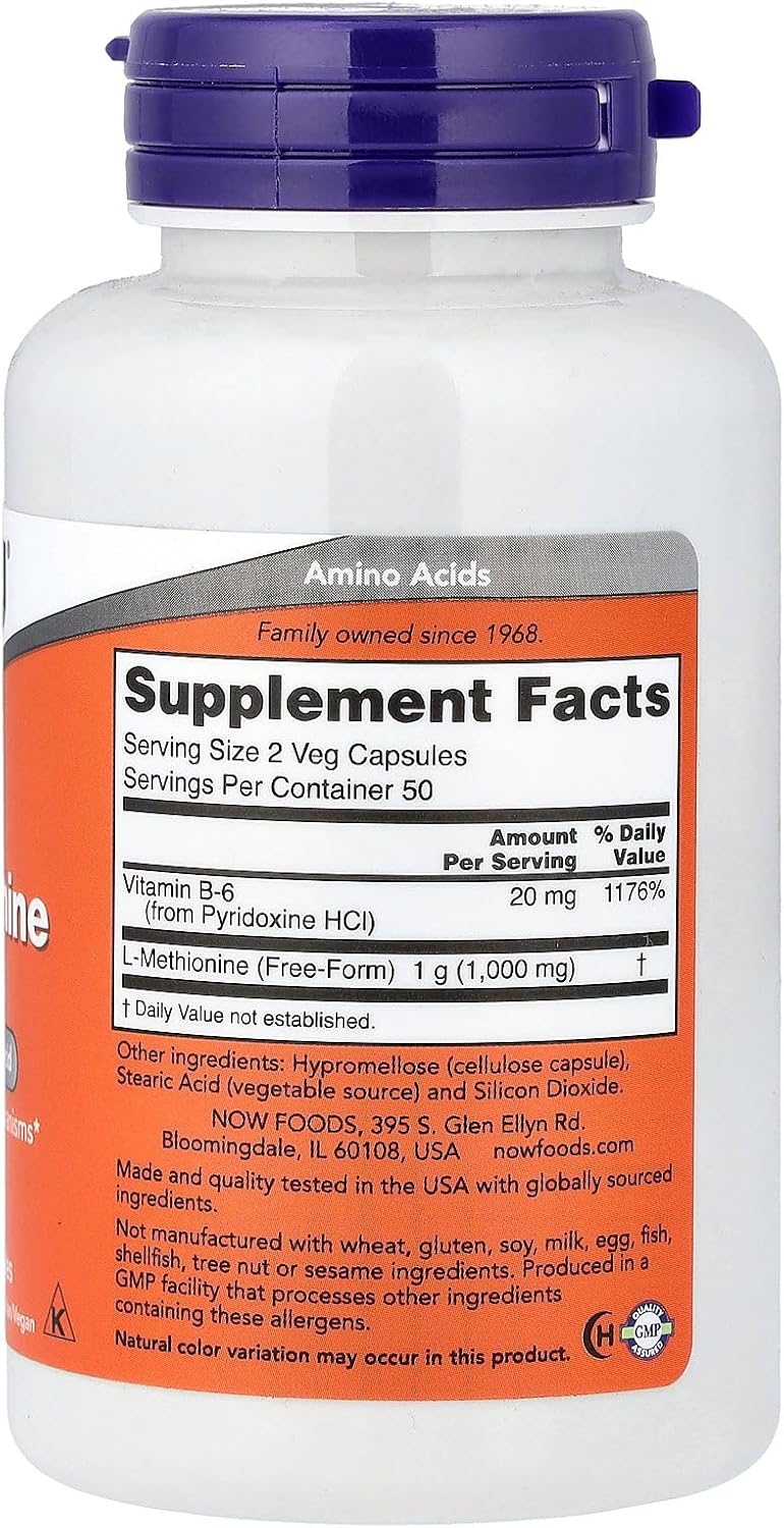 Now Foods L-Methionine dietary supplement back label ingredients
