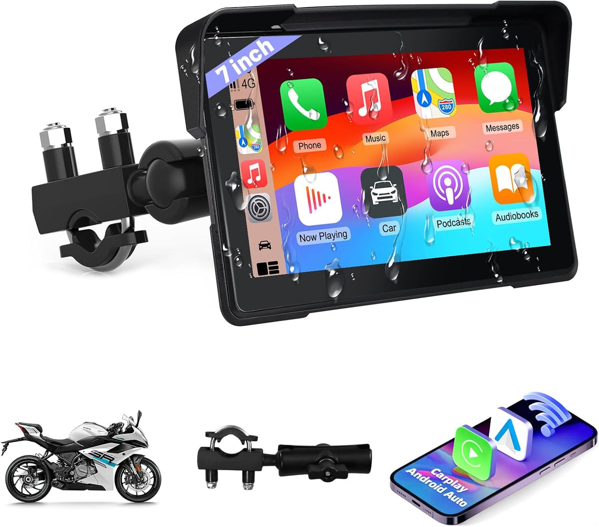 SOCAENS 7 inch motorcycle carplay navigation screen front view displaying wireless map route layout