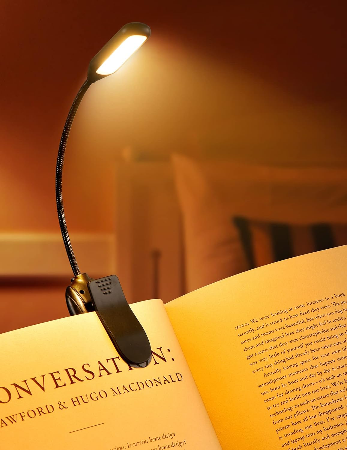 Monotremp rechargeable book light front view with clip