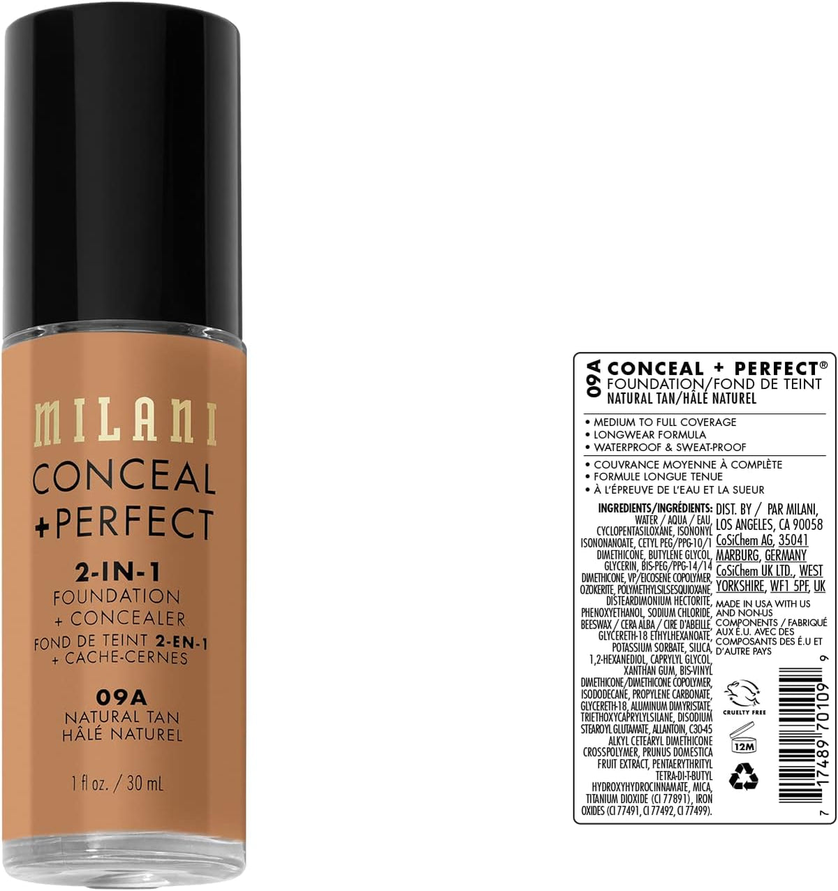 Milani foundation shade Natural Tan glass bottle packaging