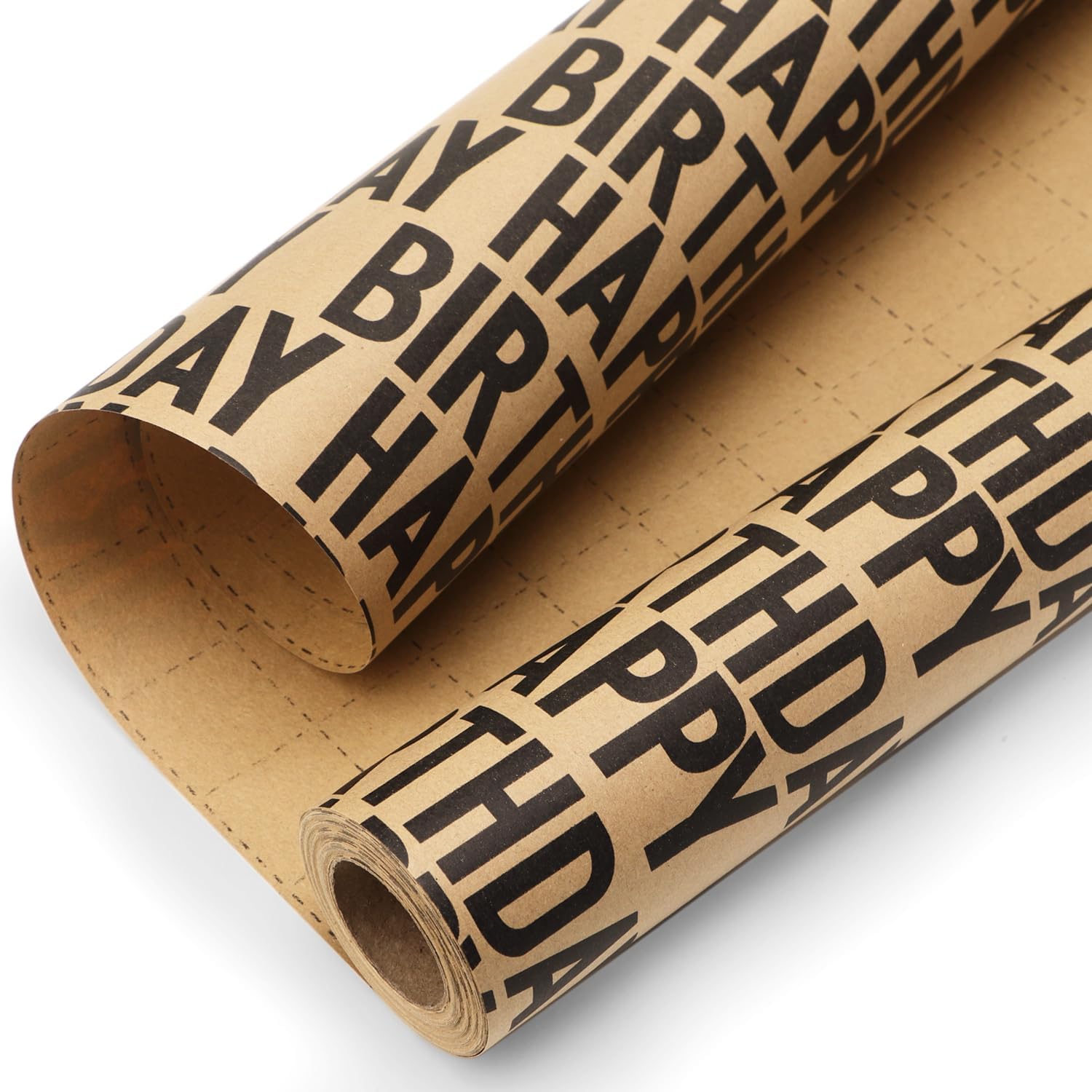 Ribbli birthday kraft wrapping paper roll front view showing vintage black typography on natural brown base.