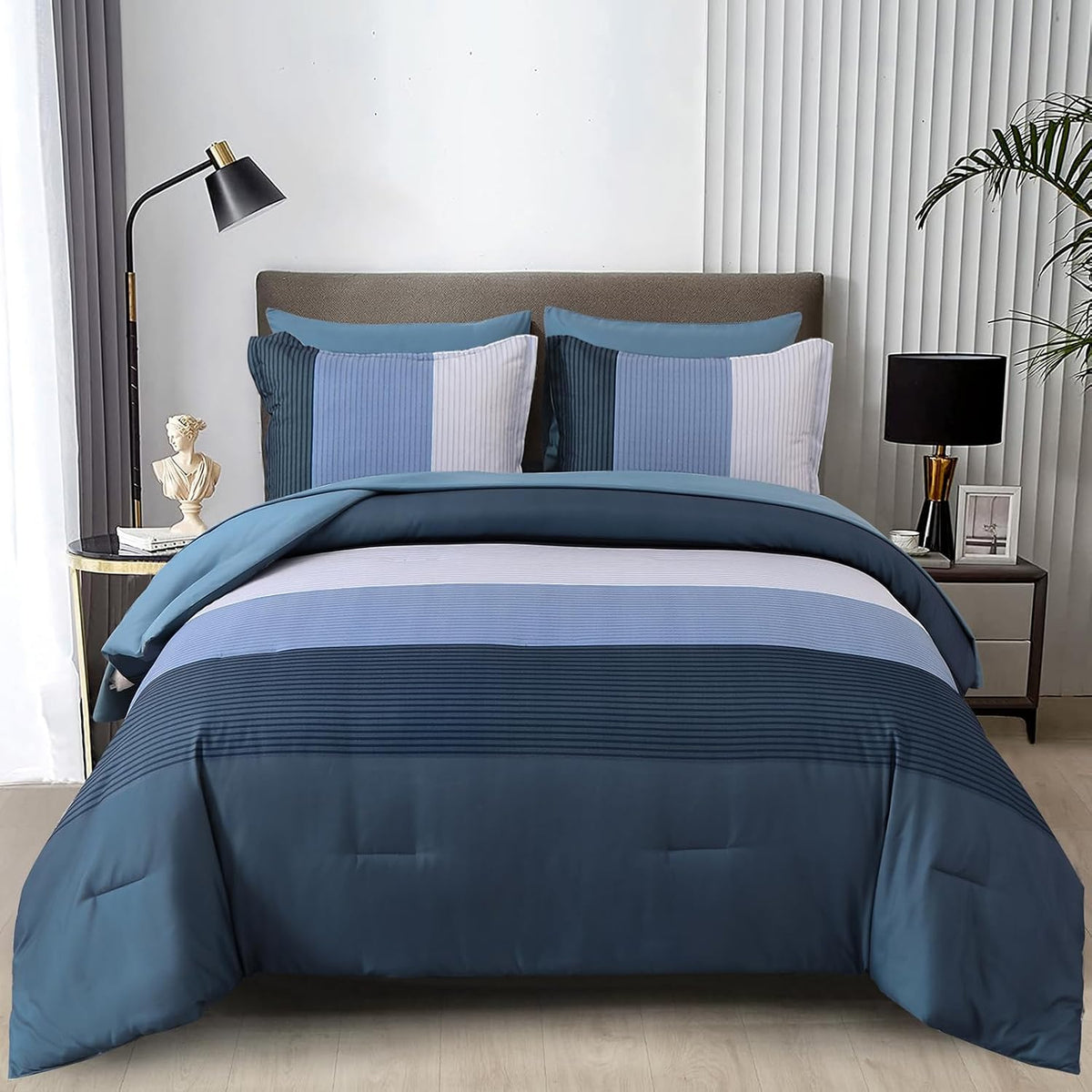 WONGS BEDDING Purple Comforter Set Queen, Reversible Purple Striped Patchwork Alternative Comforte Set for Queen Bed,3 Pieces(1 Comforter+2 Pillowcases), Soft Microfiber Bedding Set 90"x90" - Image 9