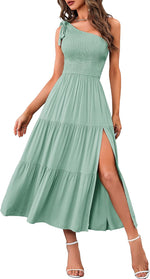 MEROKEETY Womens One Shoulder Smocked Summer Sleeveless Midi Dresses | Side Slit, Tiered, High Waist, Shoulder Tie, Flowy, A Line, Formal, Cocktail Party, Wedding Guest, Beach, Vacation Long Dress - Image 15