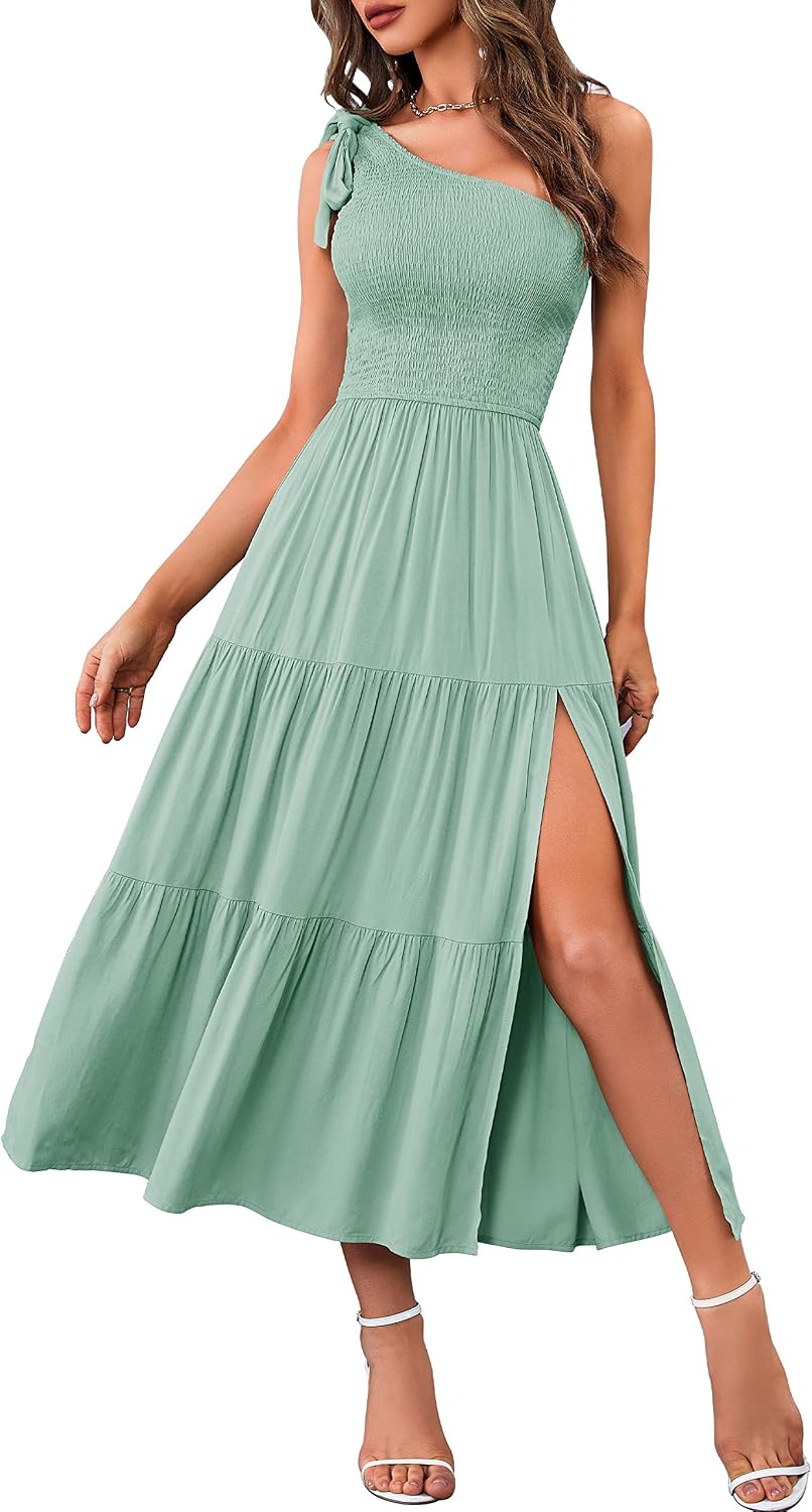 MEROKEETY Womens One Shoulder Smocked Summer Sleeveless Midi Dresses | Side Slit, Tiered, High Waist, Shoulder Tie, Flowy, A Line, Formal, Cocktail Party, Wedding Guest, Beach, Vacation Long Dress - Image 15