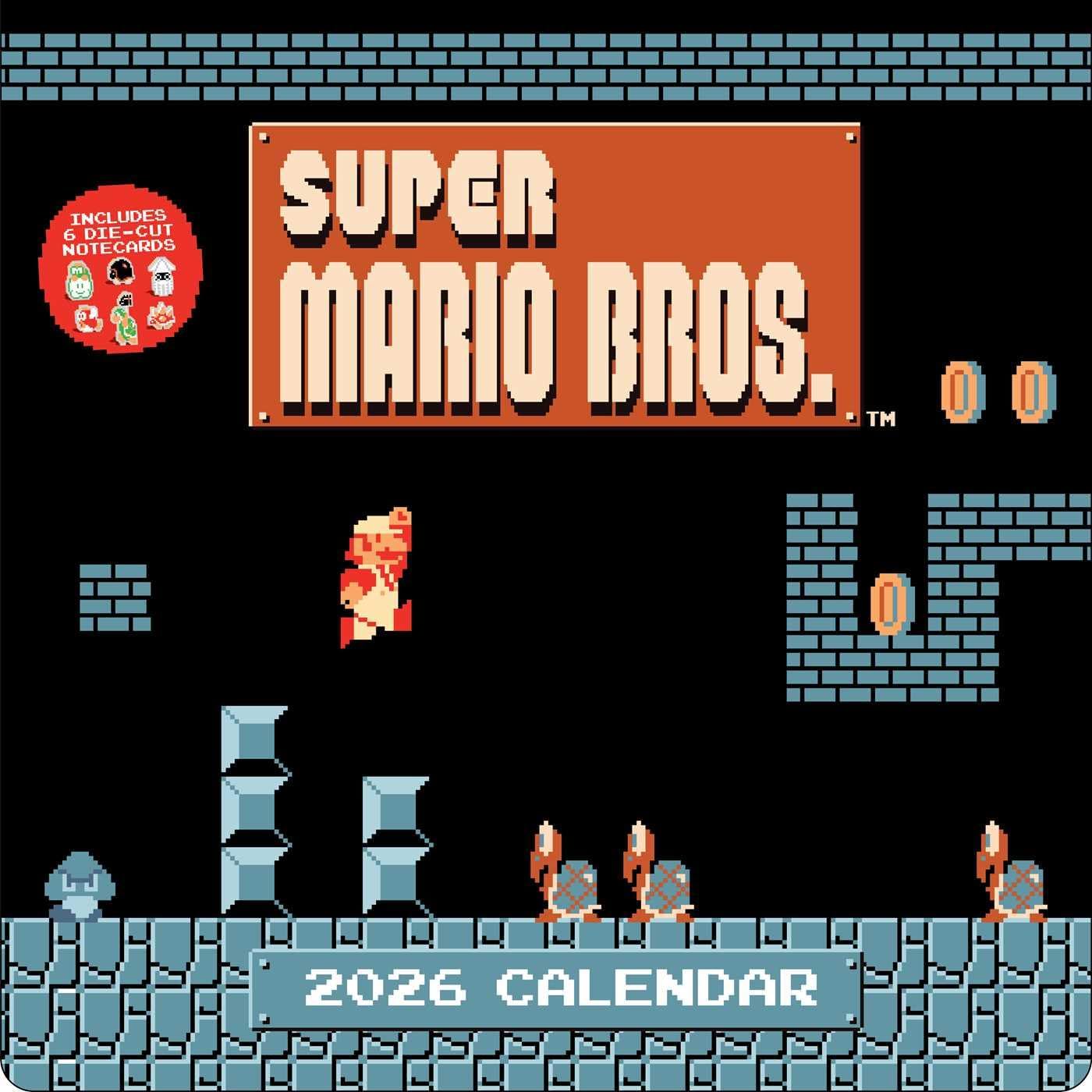 Super Mario Bros. 8-Bit Retro 2026 Wall Calendar + 6 Bonus Die-cut Notecards - Image 1