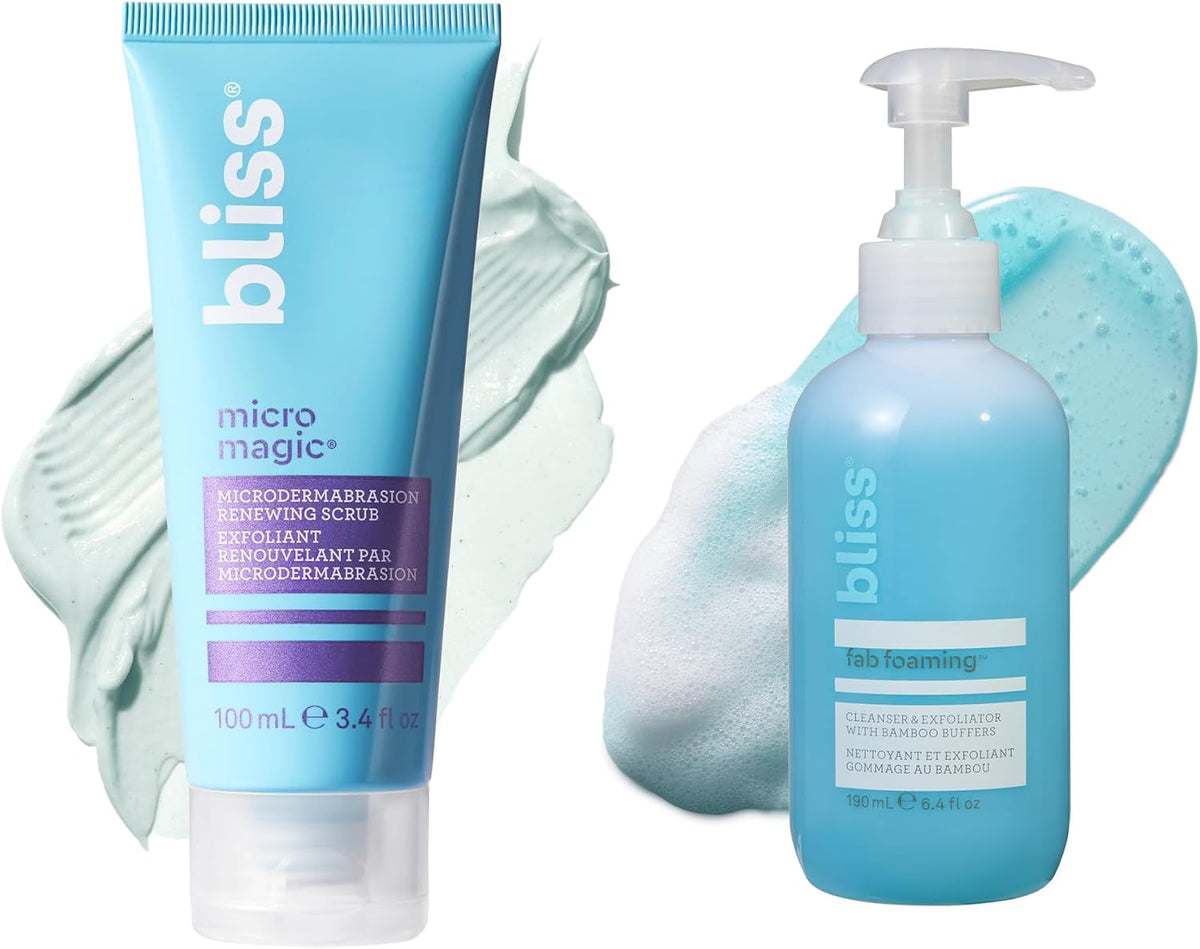 Bliss Micro Magic Microdermabrasion Scrub and Fab Foaming Cleanser set front view showing light blue packaging.