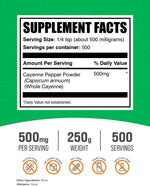 BulkSupplements capsaicin powder supplement supplement facts label and ingredient list.