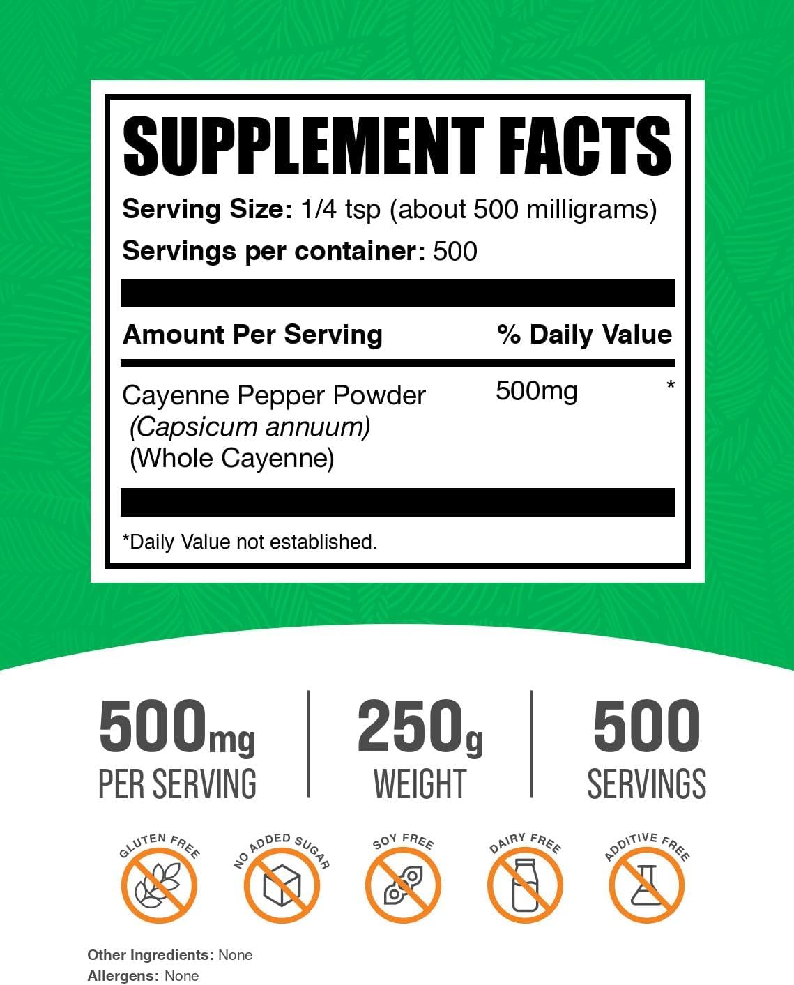 BulkSupplements capsaicin powder supplement supplement facts label and ingredient list.