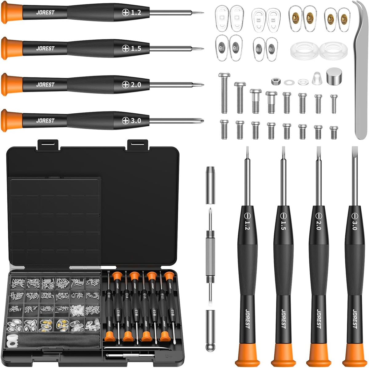 Jorest Eyeglass Repair Kit front view showing organized storage case with micro screws and screwdrivers