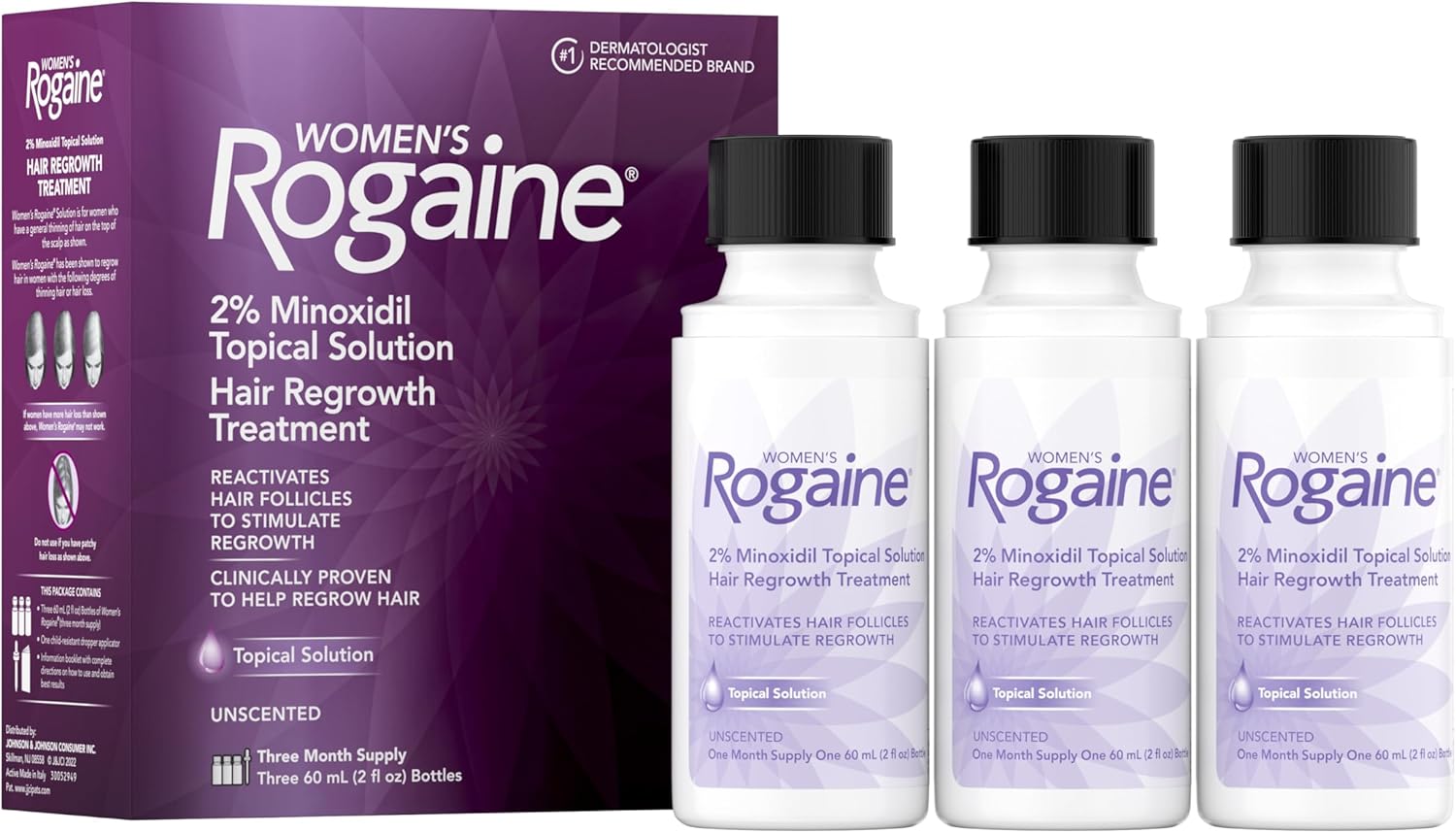 Women's Rogaine 2% Minoxidil Topical Solution for Hair Thinning and Loss, Topical Treatment for Women's Hair Regrowth, 3-Month Supply, Unscented - Image 1