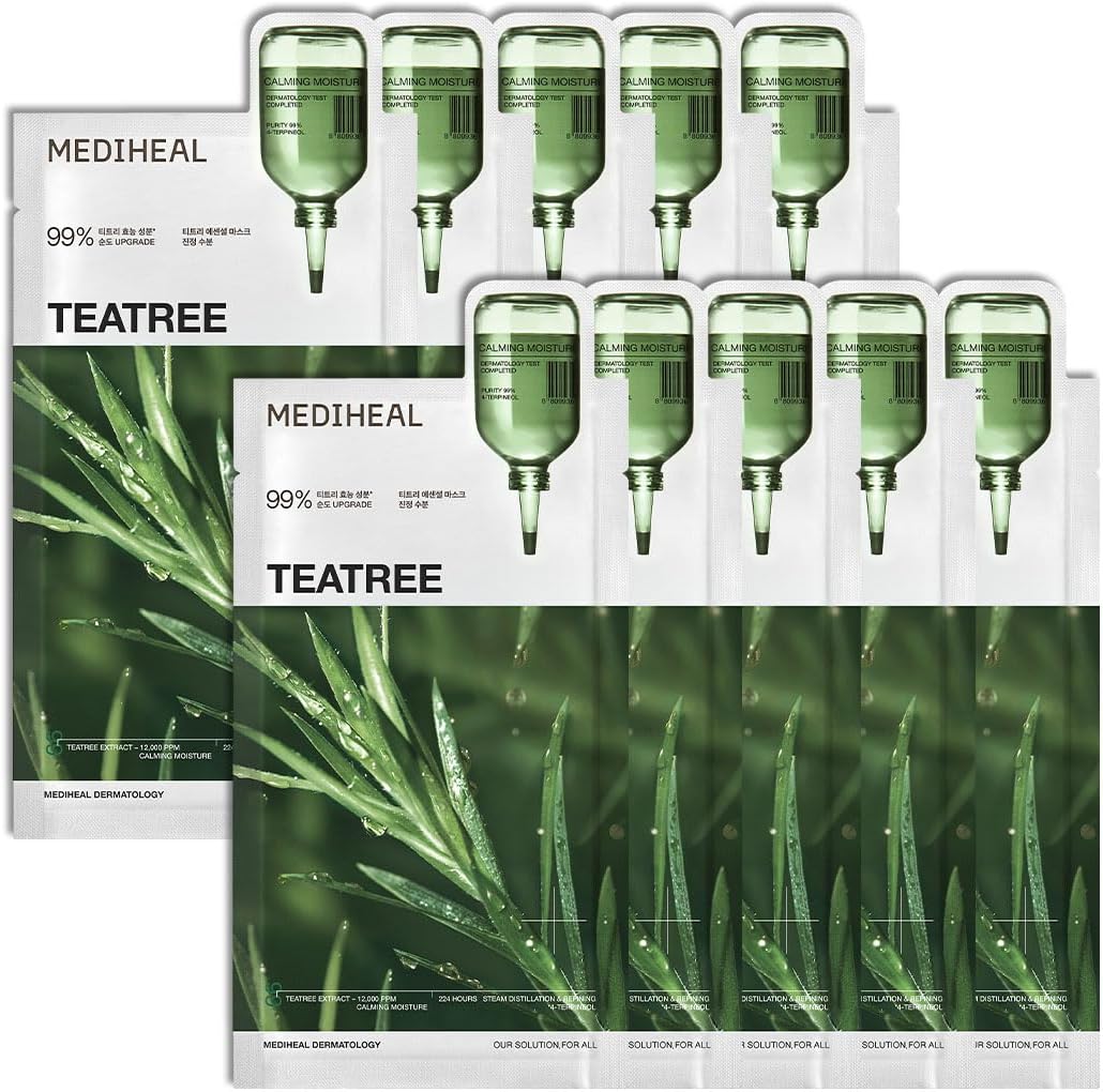 MEDIHEAL Teatree Essential Face Mask packaging front view showing 10 pieces pack