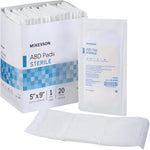 McKesson sterile abdominal pads front box view showing twenty count packaging for surgical wound care.