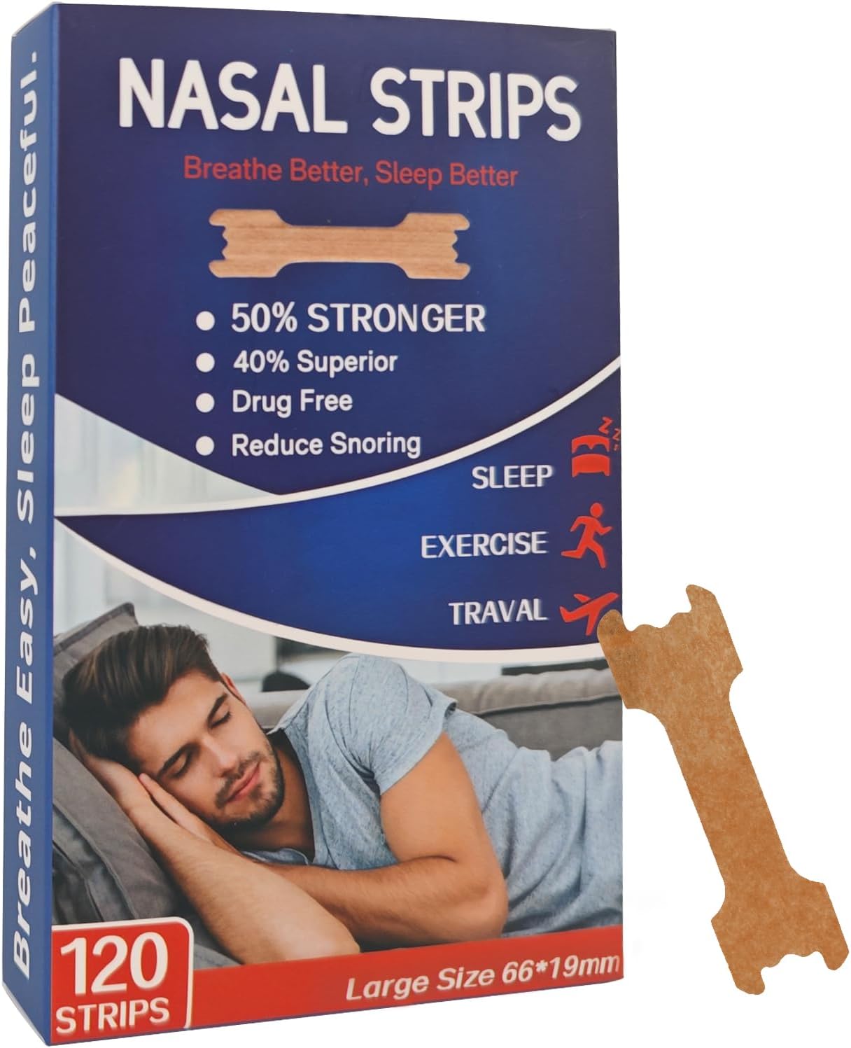 Tyelason Nasal Strips - 120 Count Nasal Strips for Snoring, Extra Strength Tan Nasal Breathing Strips to Improve Sleep, Instant Nasal Congestion Relief Caused by Colds & Allergies - Image 1