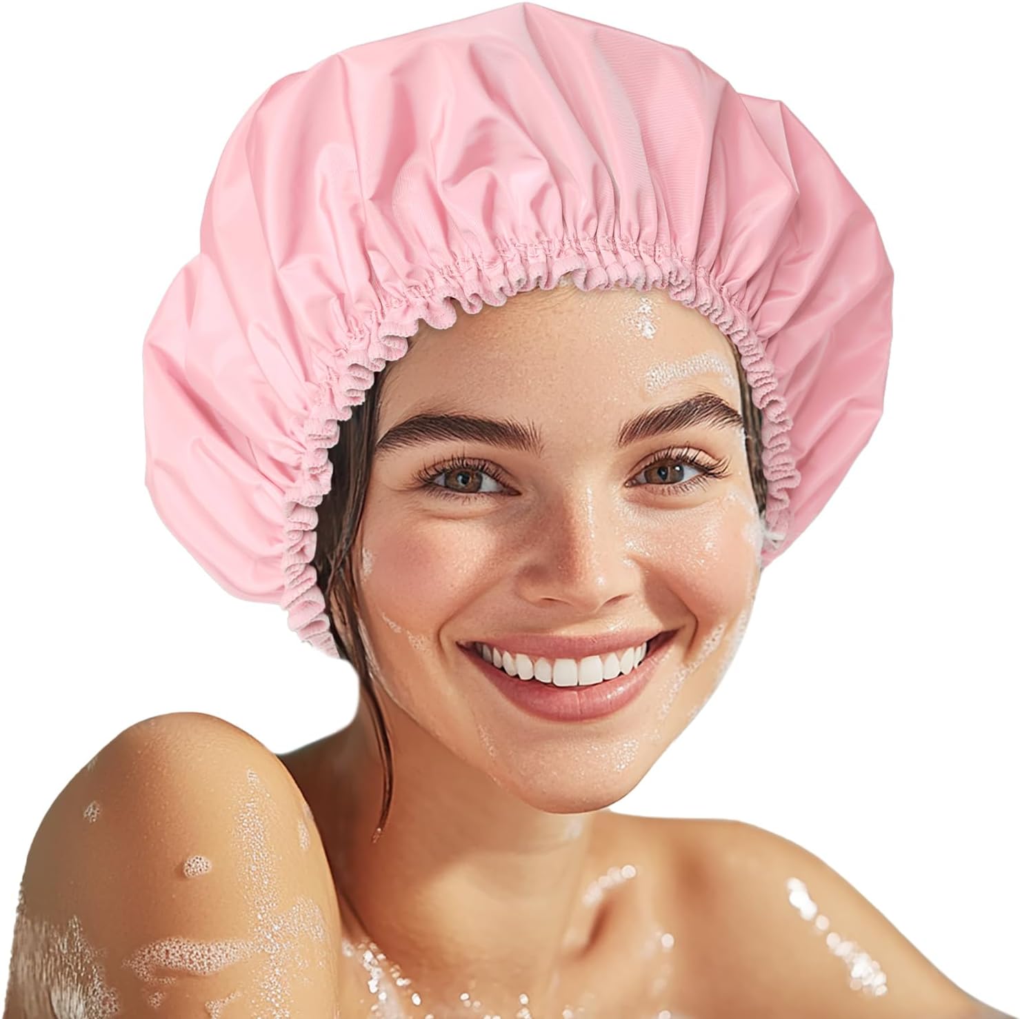 Chfong double layer waterproof shower cap pink front view