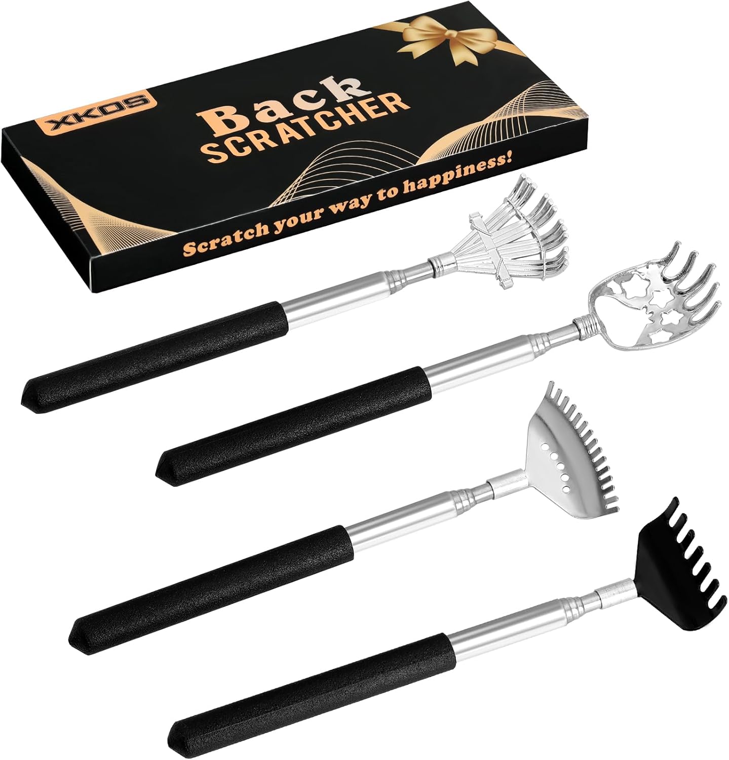 XKOS 4 pack back scratcher set front view showing different extendable metal claws.