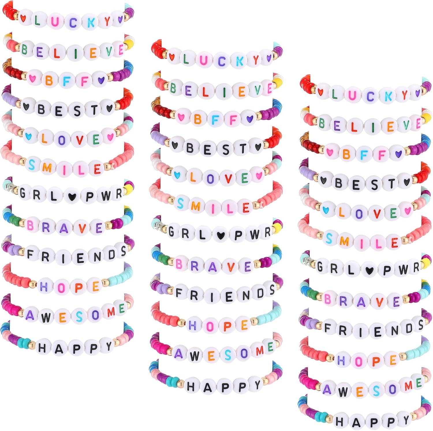 Cunno kids friendship bracelets thirty-six piece front view display of multiple colorful beaded designs.