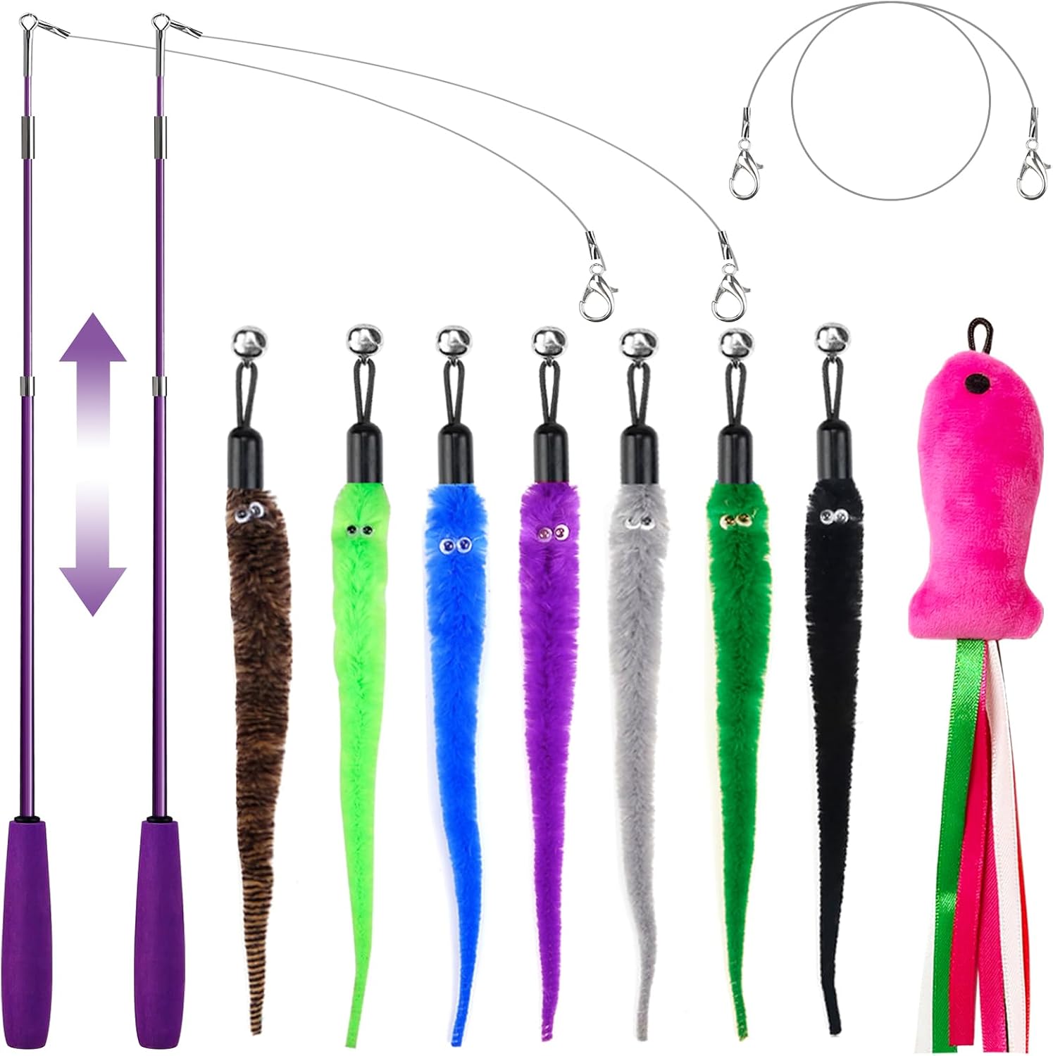 ZeyZoo interactive cat toy wand pack front view showing two purple retractable rods and various colorful worm refills.