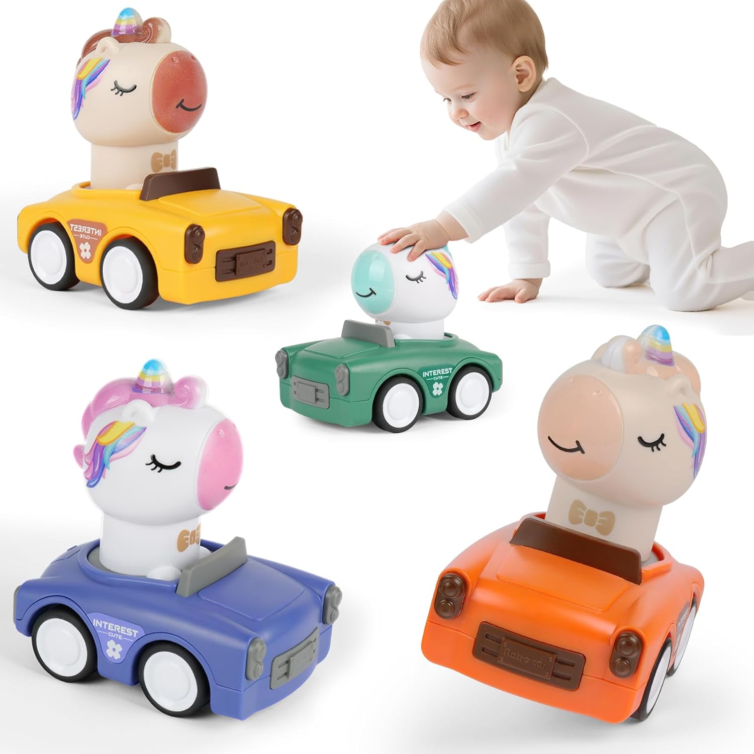 iPlay, iLearn Press to Go Car Toys front view featuring four colorful cartoon animal vehicles