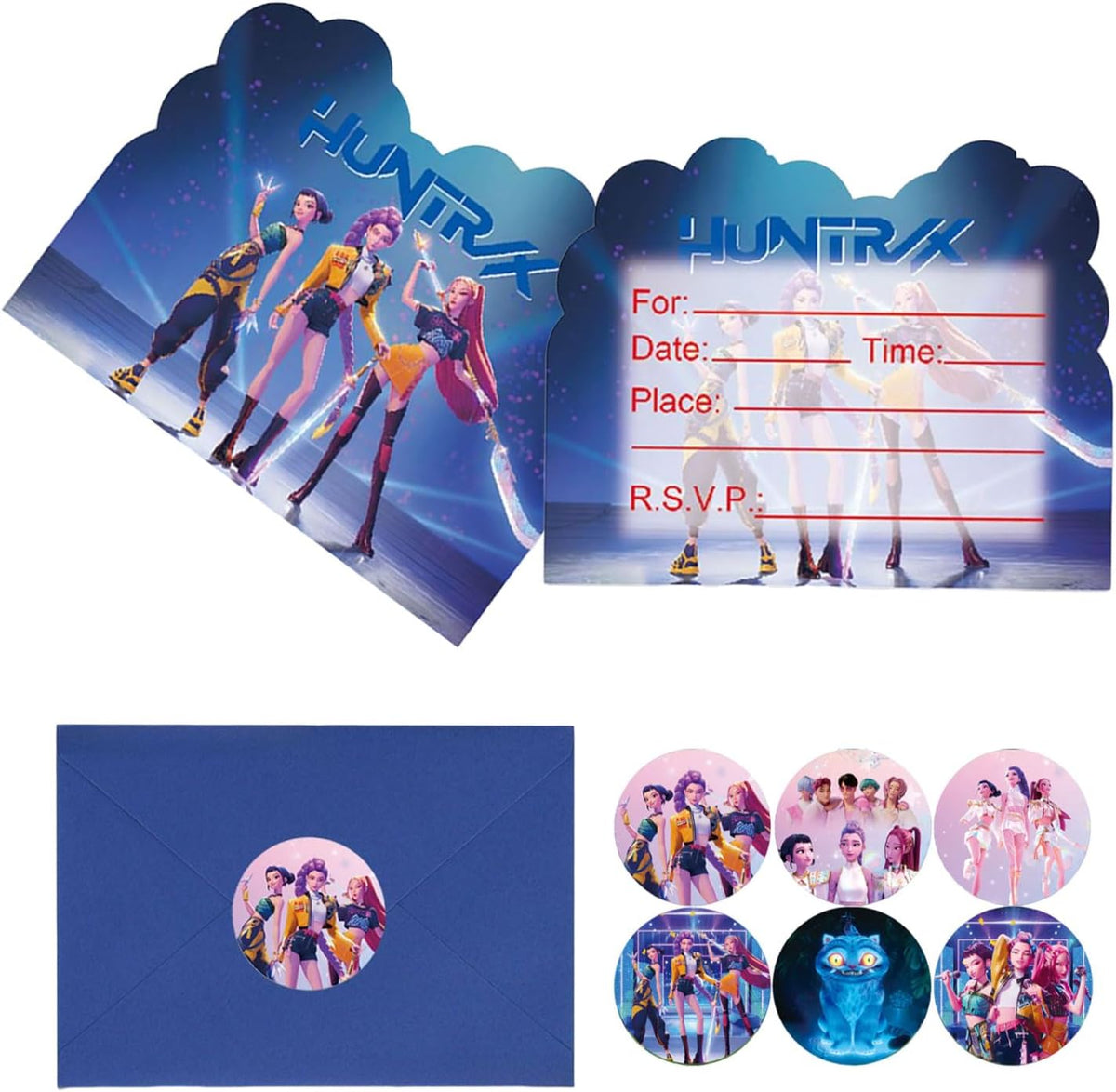 Glowiibo anime birthday invitations front view showing cartoon cards and envelopes