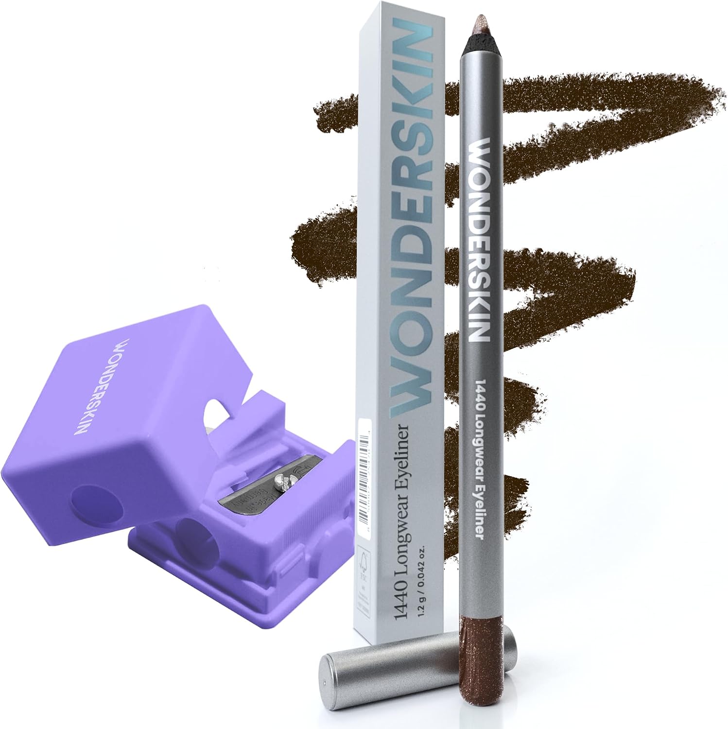 Wonderskin 1440 longwear eyeliner pencil gold mocha front view package set with sharpener
