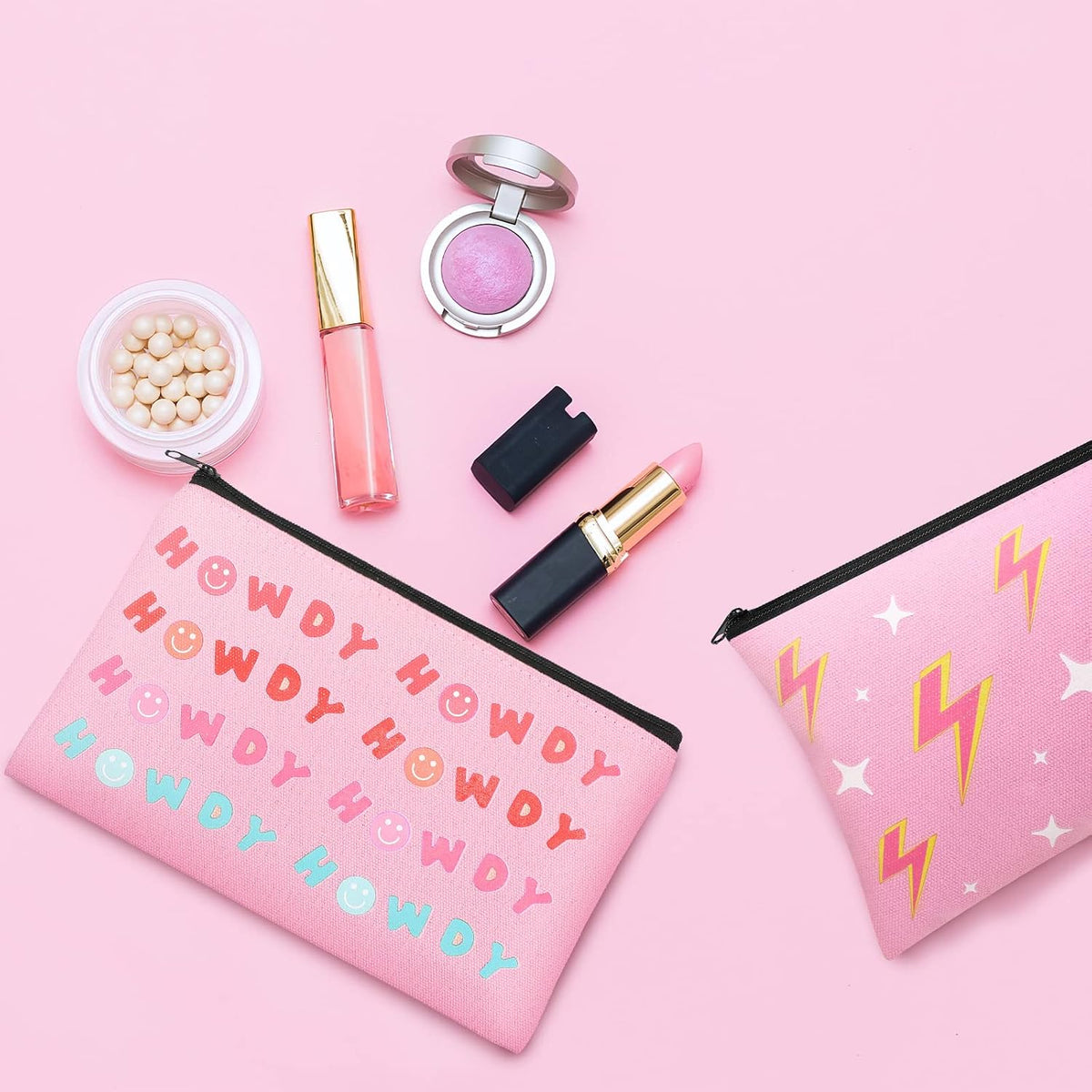 Hillban pink makeup pouch filled with beauty essentials