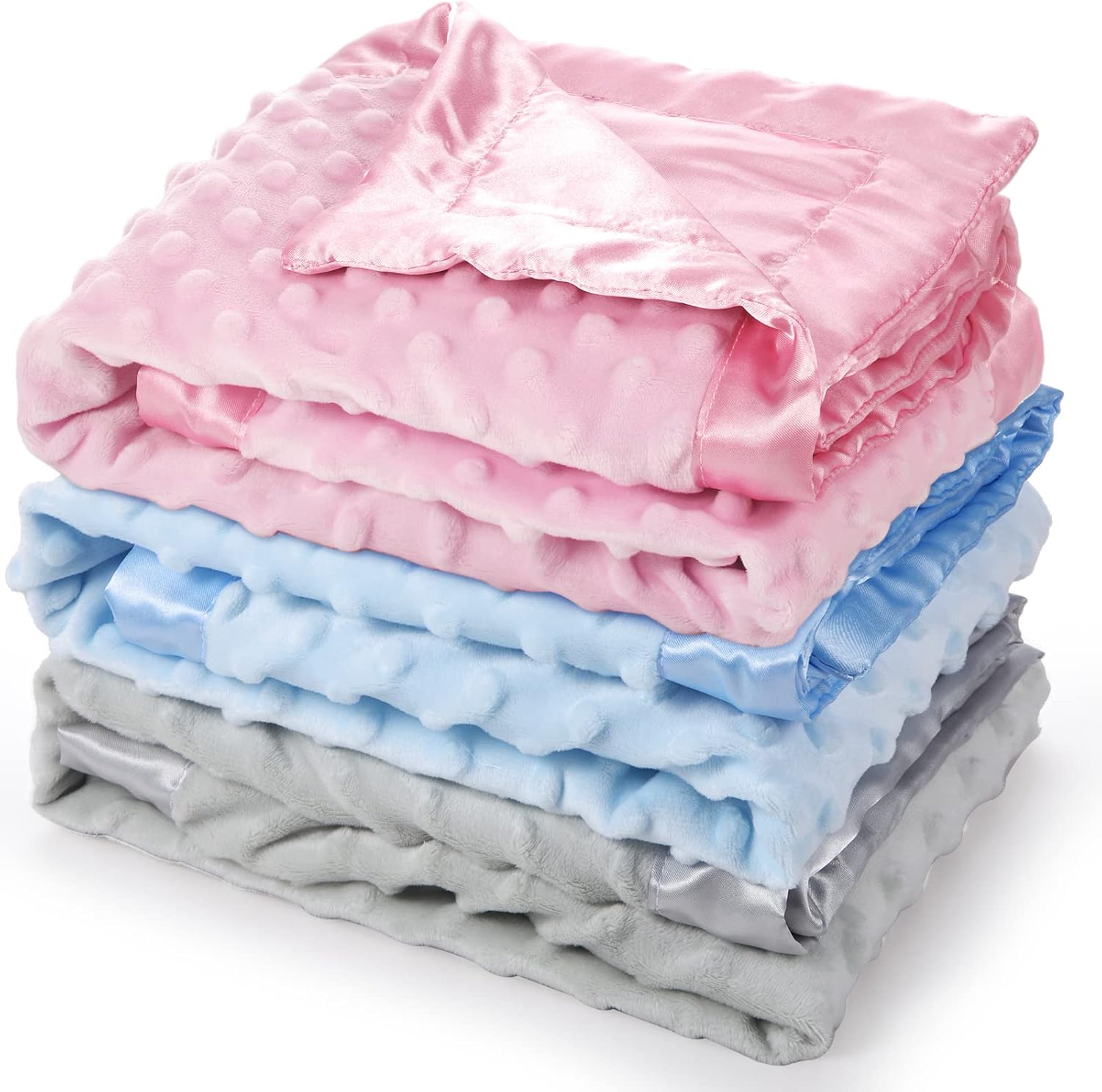 Reginary 3 Pack Satin Baby Blanket front view showing pink blue and grey colors
