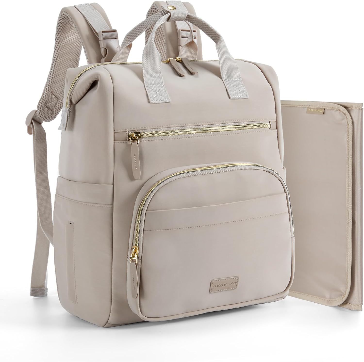 Mommore small neoprene diaper bag backpack in taupe mist color front view