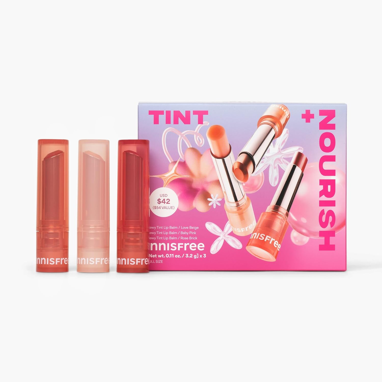 Innisfree Dewy Tint Lip Balm front view displaying the premium hydrating bullet packaging.