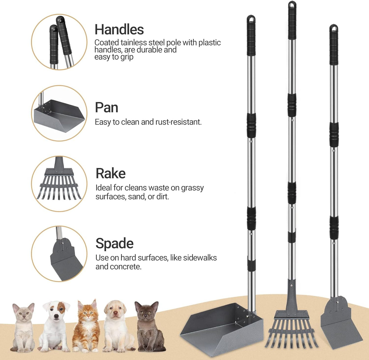 Stainless steel dog poop tray and rake with long adjustable handle.