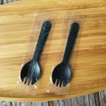 N-KONGJIAN disposable plastic sporks front view of individually wrapped black mini cutlery pack