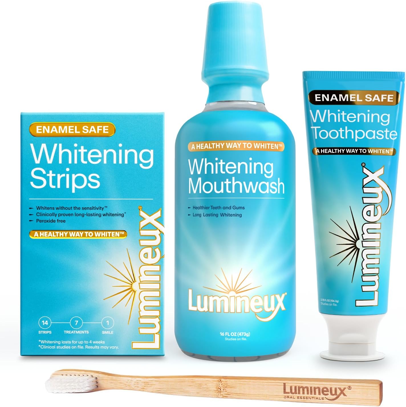 Lumineux Teeth Whitening Kit Peroxide Free for Whiter Teeth Includes 7 Whitening Treatments, 1 Mouthwash, 1 Toothpaste & 1 Bamboo Toothbrush, Dentist Formulated - Image 1