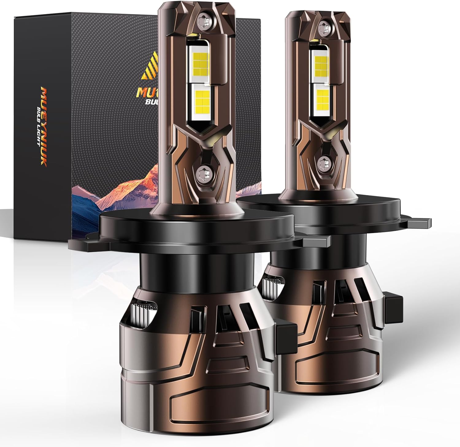 MUEYNIUK H4 LED headlight bulbs pack of two front view showing metallic housing design