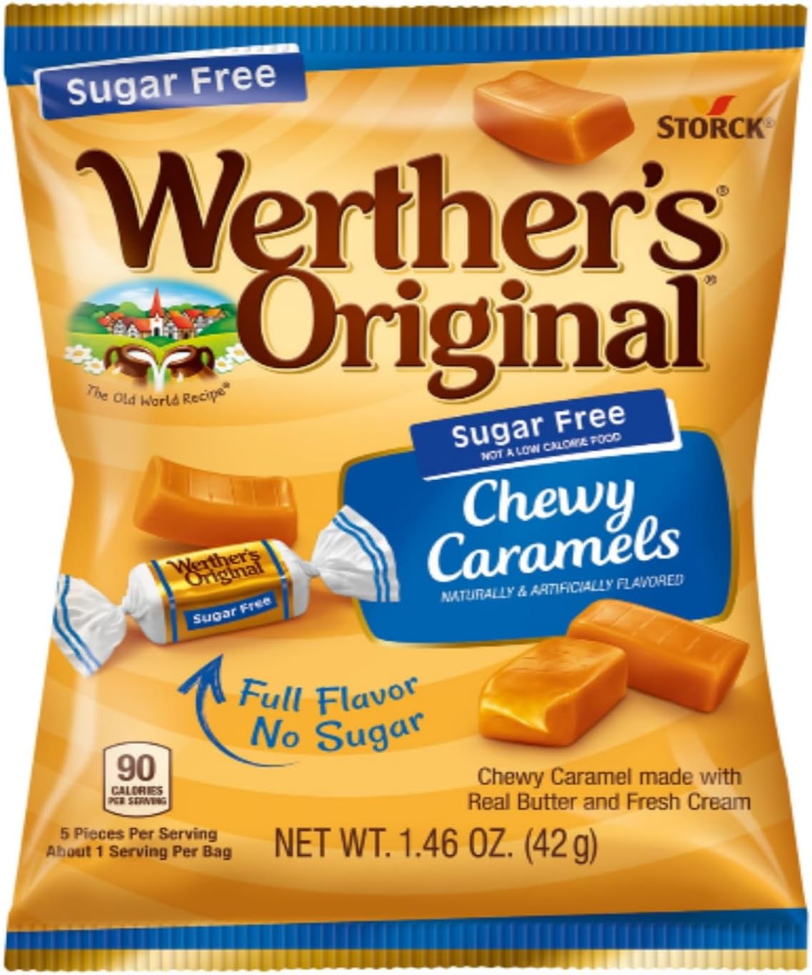 Nutritional facts and real butter ingredients on the back of the sugar free caramel bag.