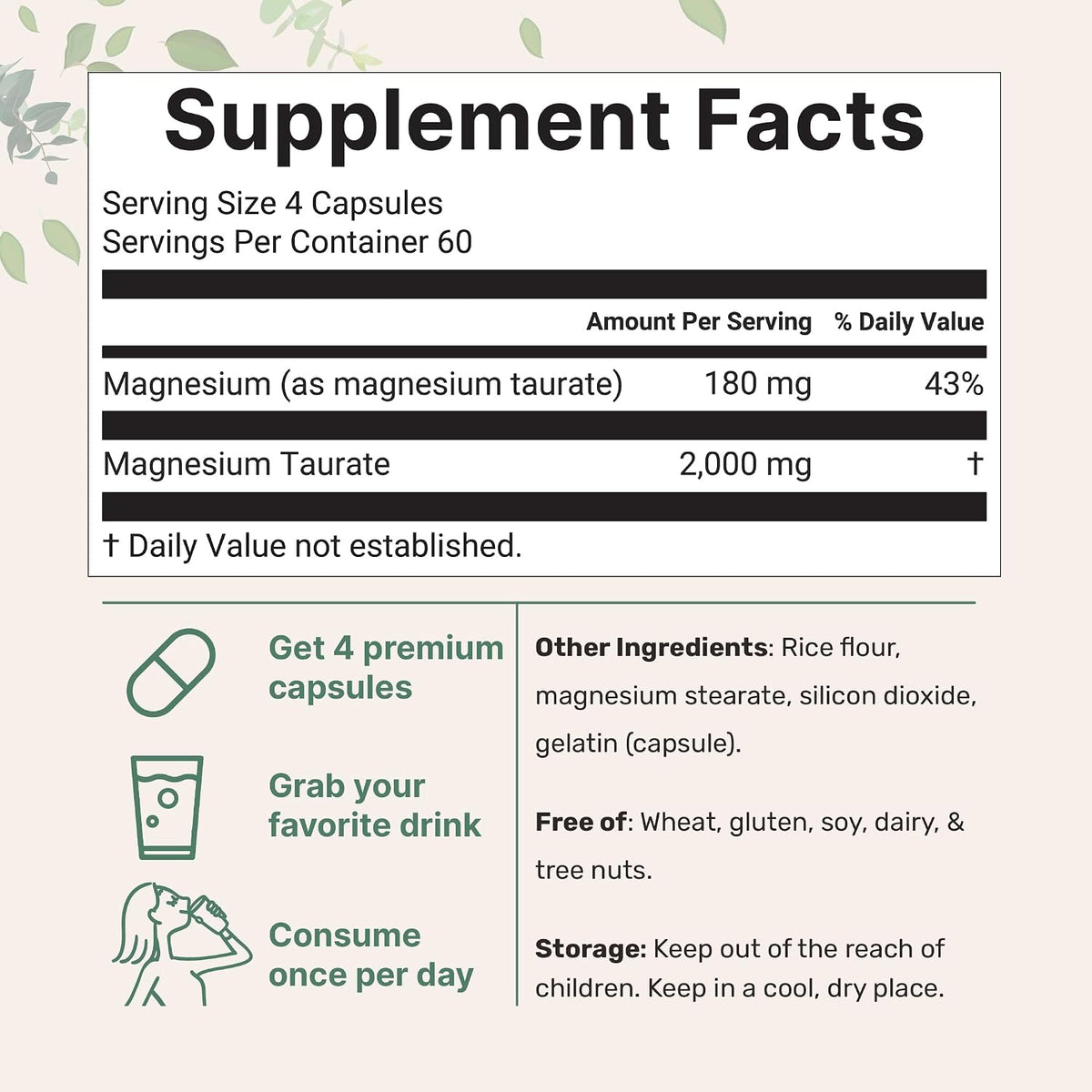 Nutricost Magnesium Taurate supplement facts label and serving size
