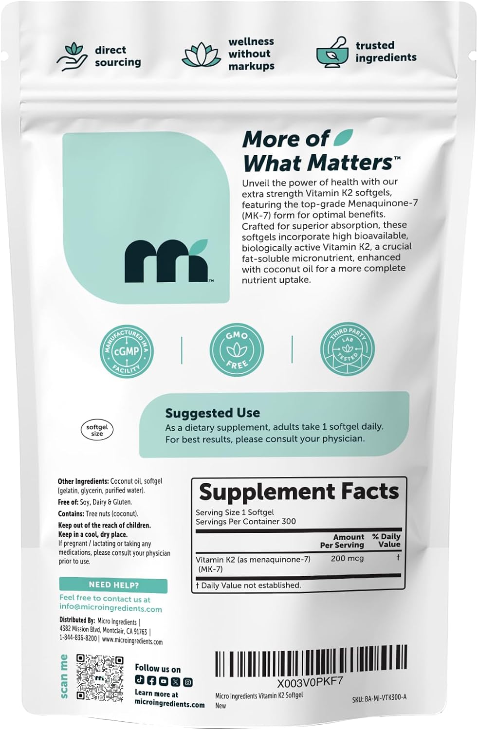 Micro Ingredients Vitamin K2 300 softgels count pouch display