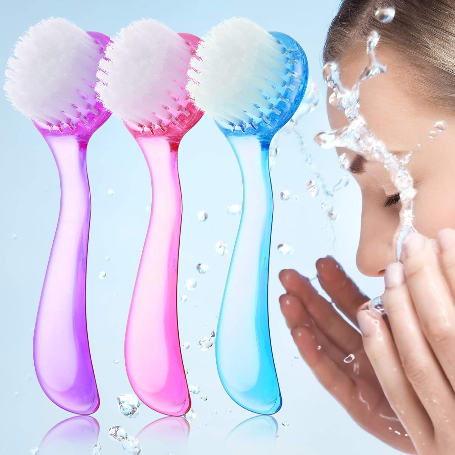 Patelai facial cleansing brush front view showing soft white bristles and pink acrylic handle.