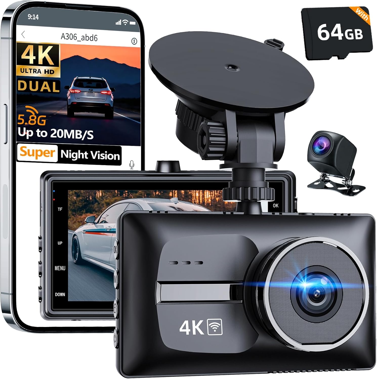 Pahaa X18 4K dual dash cam front view displaying the three inch IPS screen