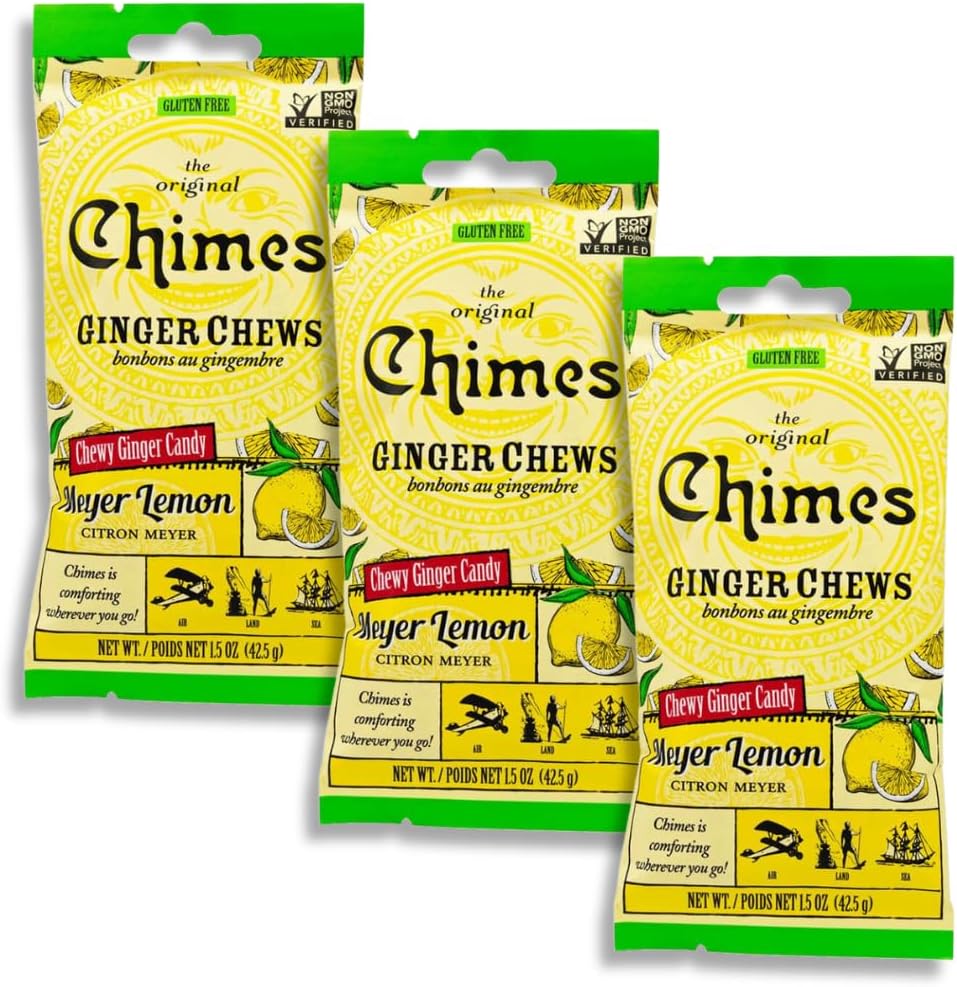 Chimes Original Ginger Chews Meyer Lemon packaging front view showing authentic imported wellness candy