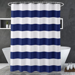 AmazerBath navy blue stripe fabric shower curtain front view hanging in bathroom