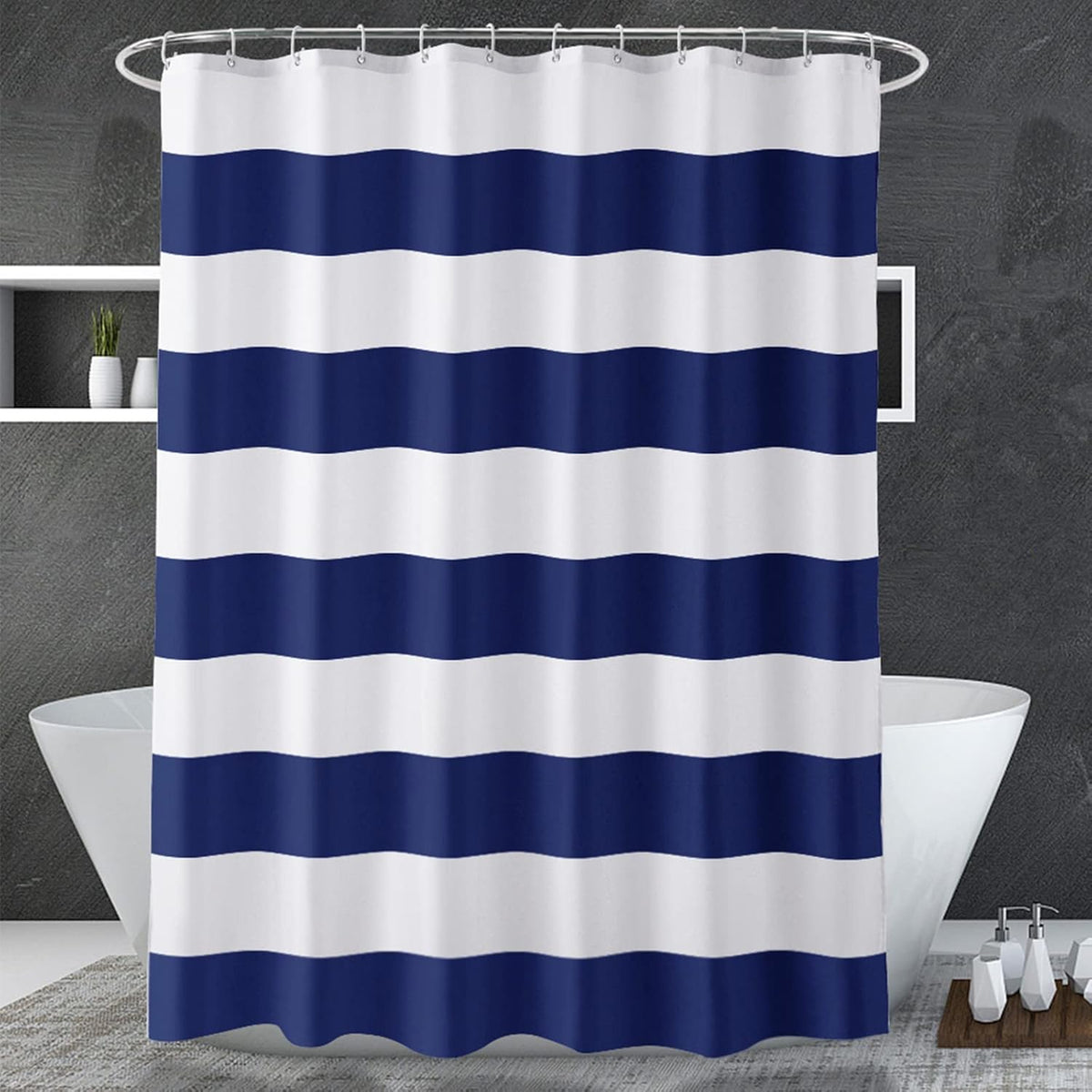 AmazerBath navy blue stripe fabric shower curtain front view hanging in bathroom