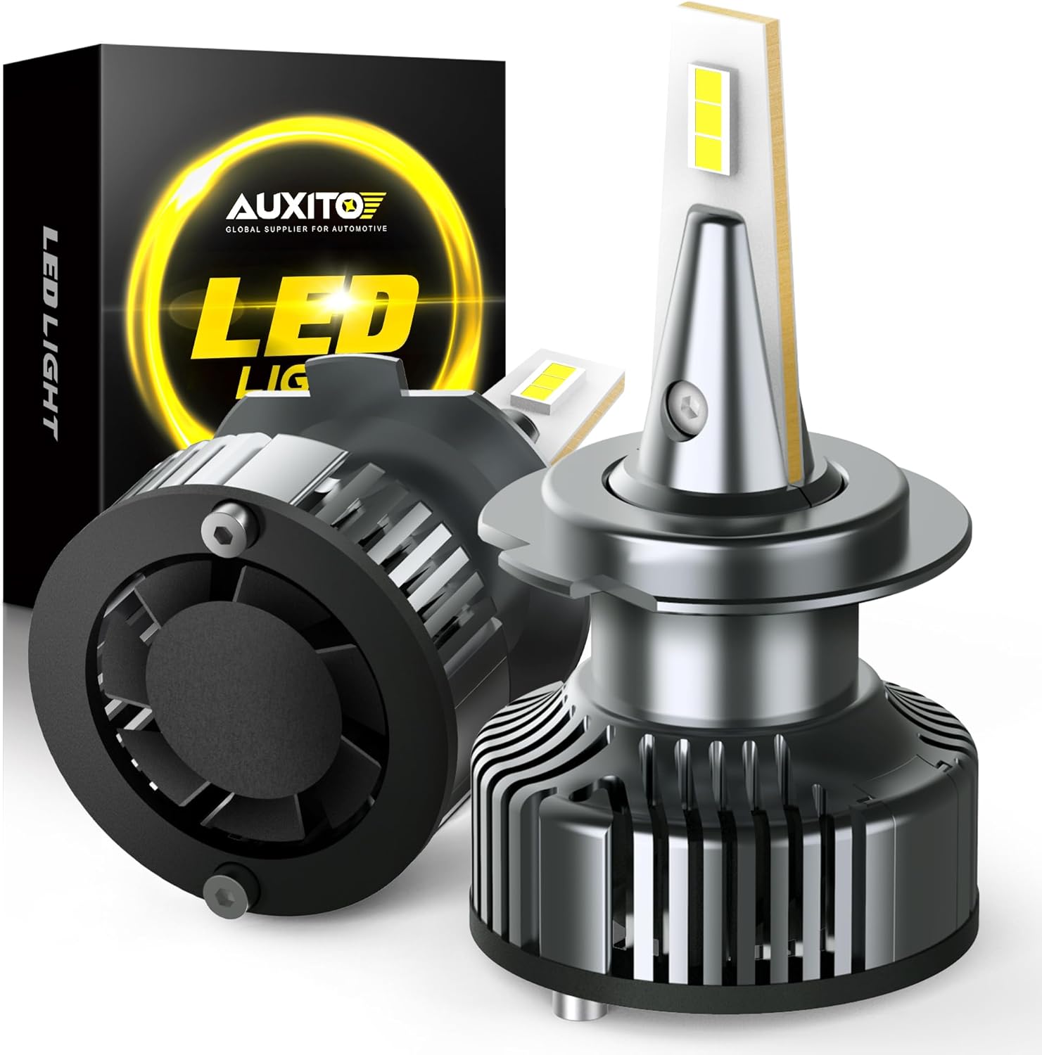 AUXITO H7 LED Bulbs twin pack showing the premium aviation grade aluminum housing design.