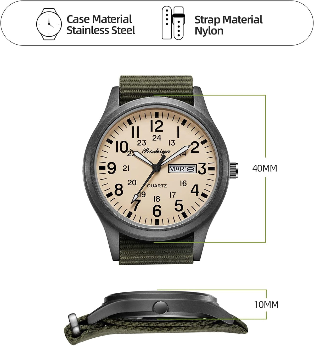 Boshiya tactical field watch side profile with crown