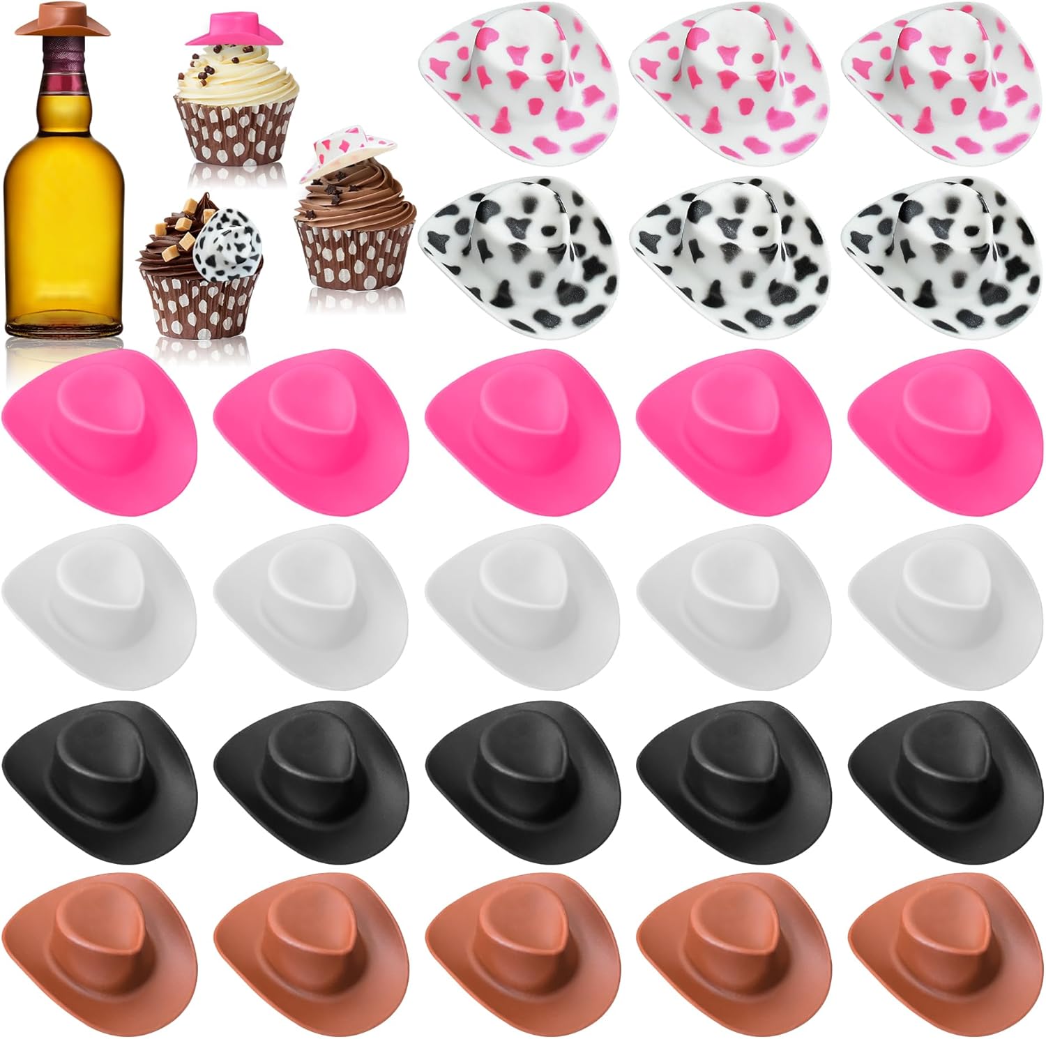 PPXMEEUDC plastic mini western cowboy cowgirl hats thirty pieces front view showing multi color assortment