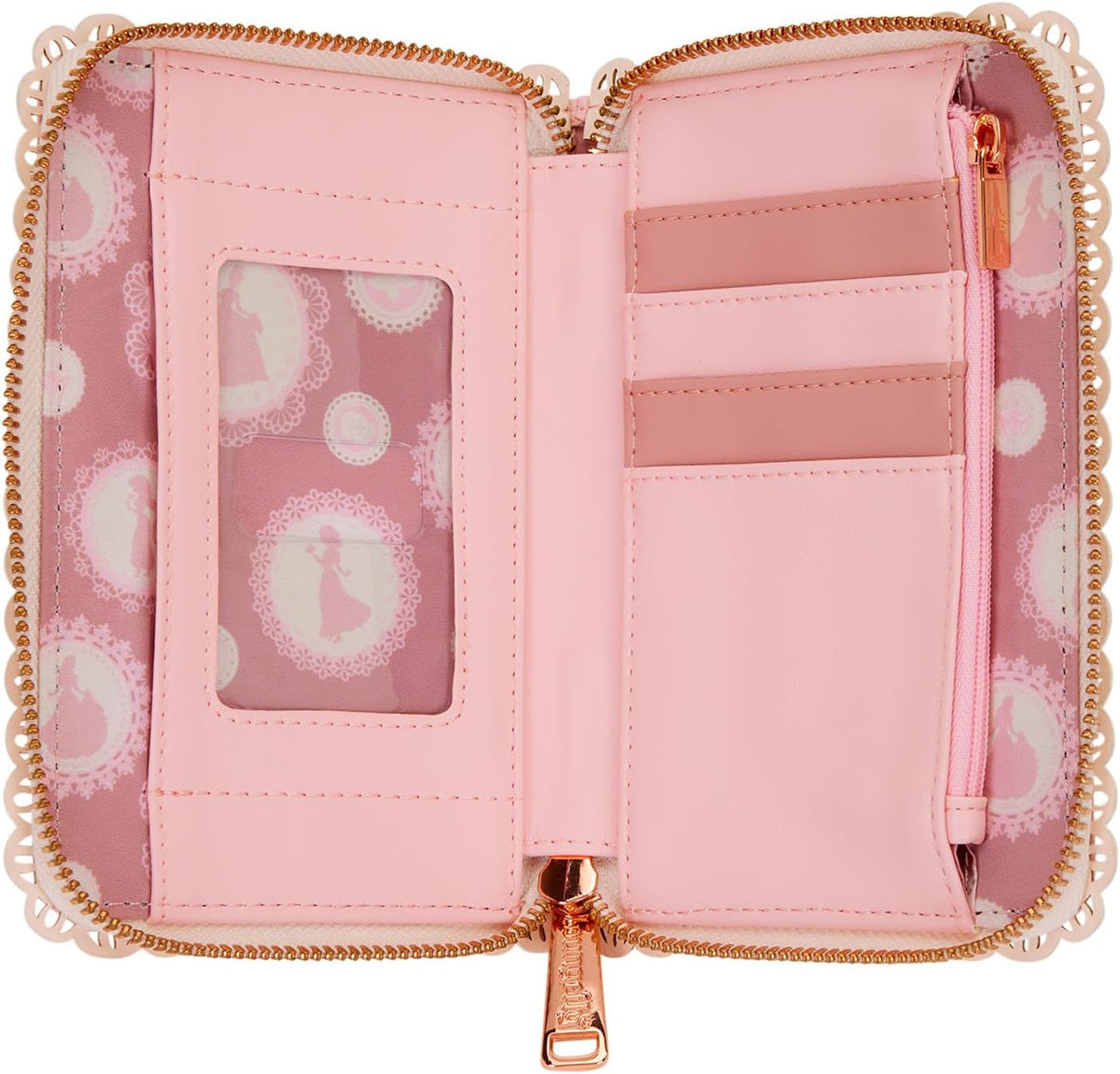 Loungefly Disney Princess Stained Glass Zip Around Wallet side angle highlighting metal hardware and zipper