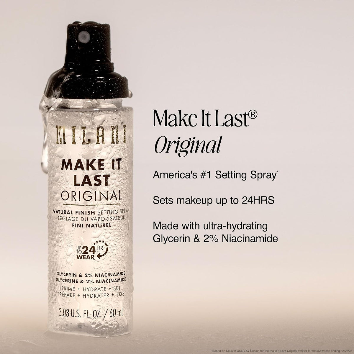 Milani long lasting makeup setting spray bottle packaging view
