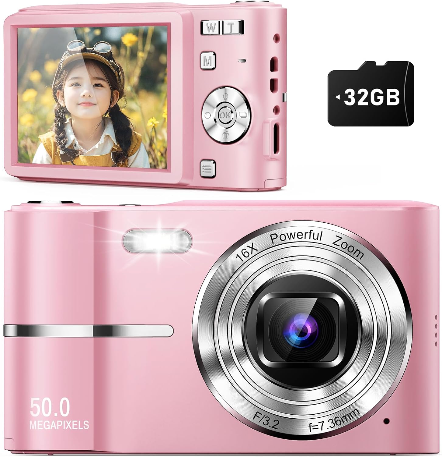 Qumcou upgrade digital camera front view in pink