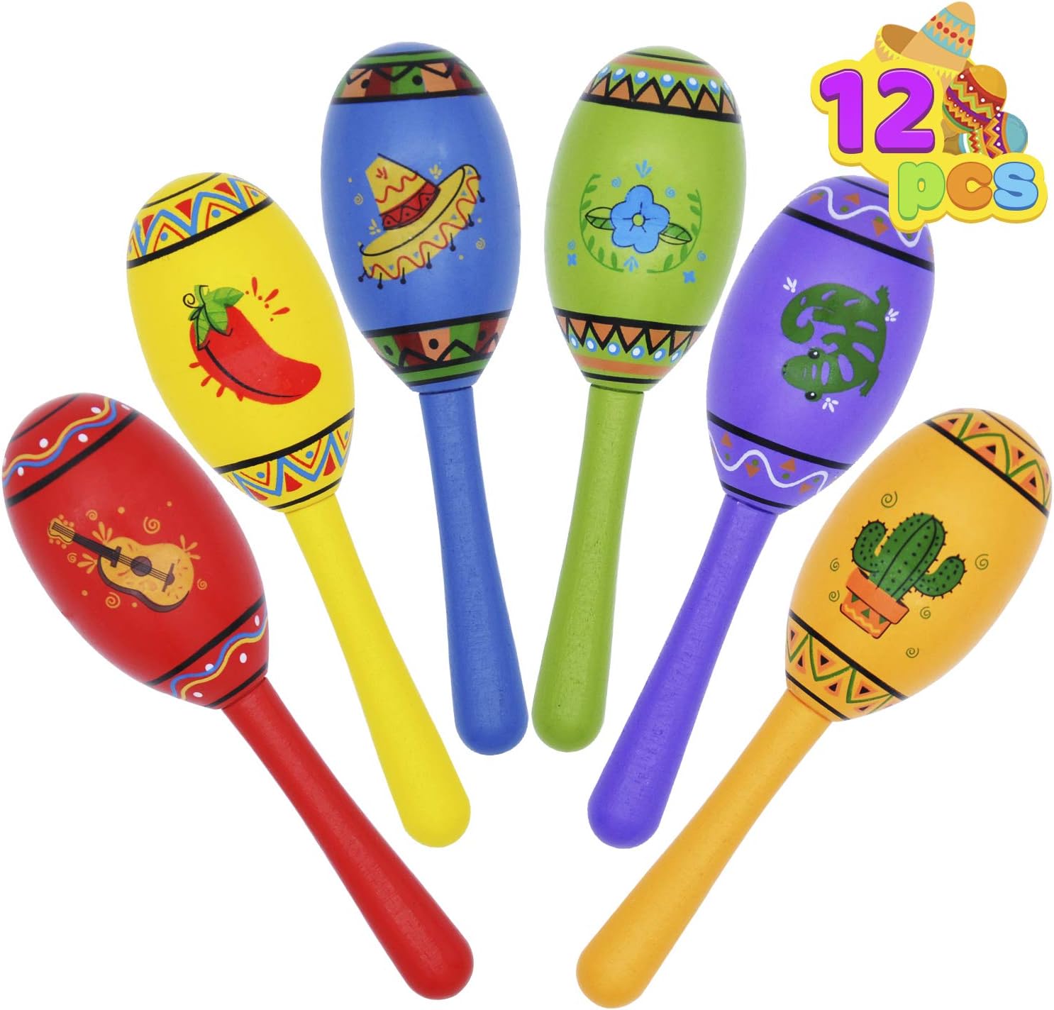 Joyin 12 mini wooden maracas set in six colors front view