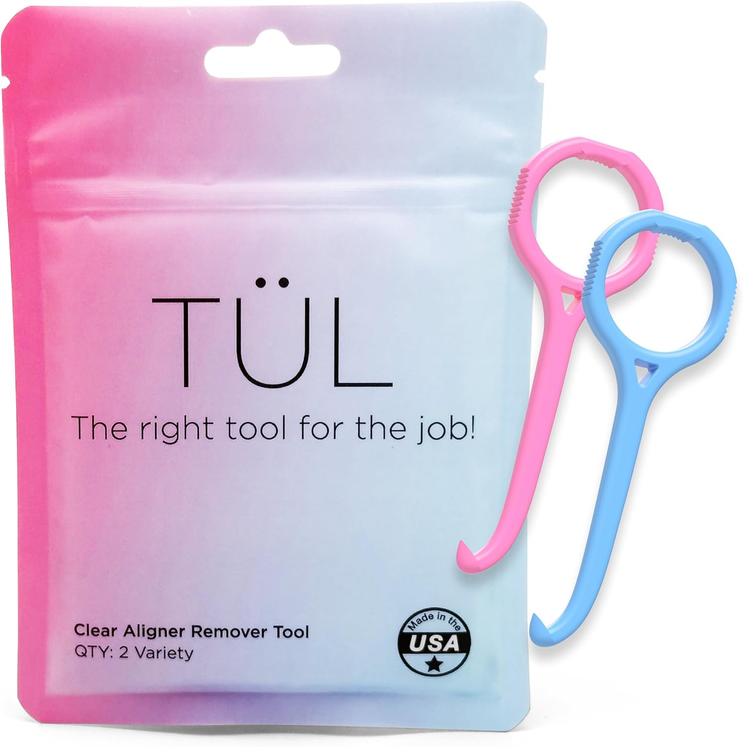 NCASE TÜL clear aligner remover tool variety pack front view showing blue and green ergonomic hooks.