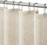 Seasonwood linen shower curtain front view showing neutral beige boho farmhouse fabric design.