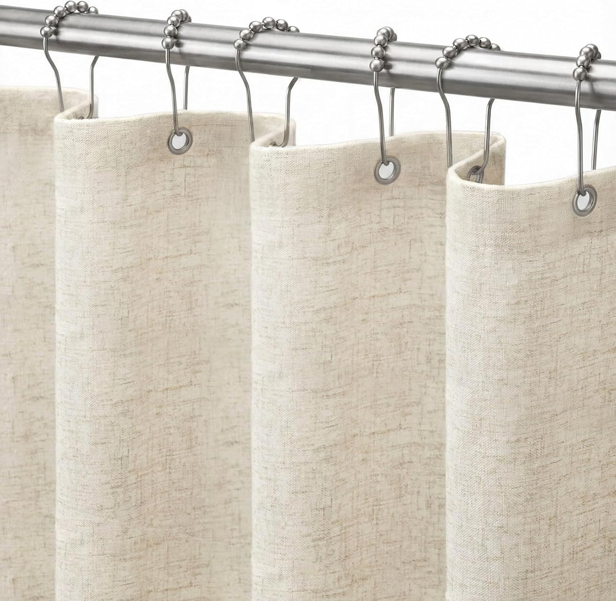 Seasonwood linen shower curtain front view showing neutral beige boho farmhouse fabric design.